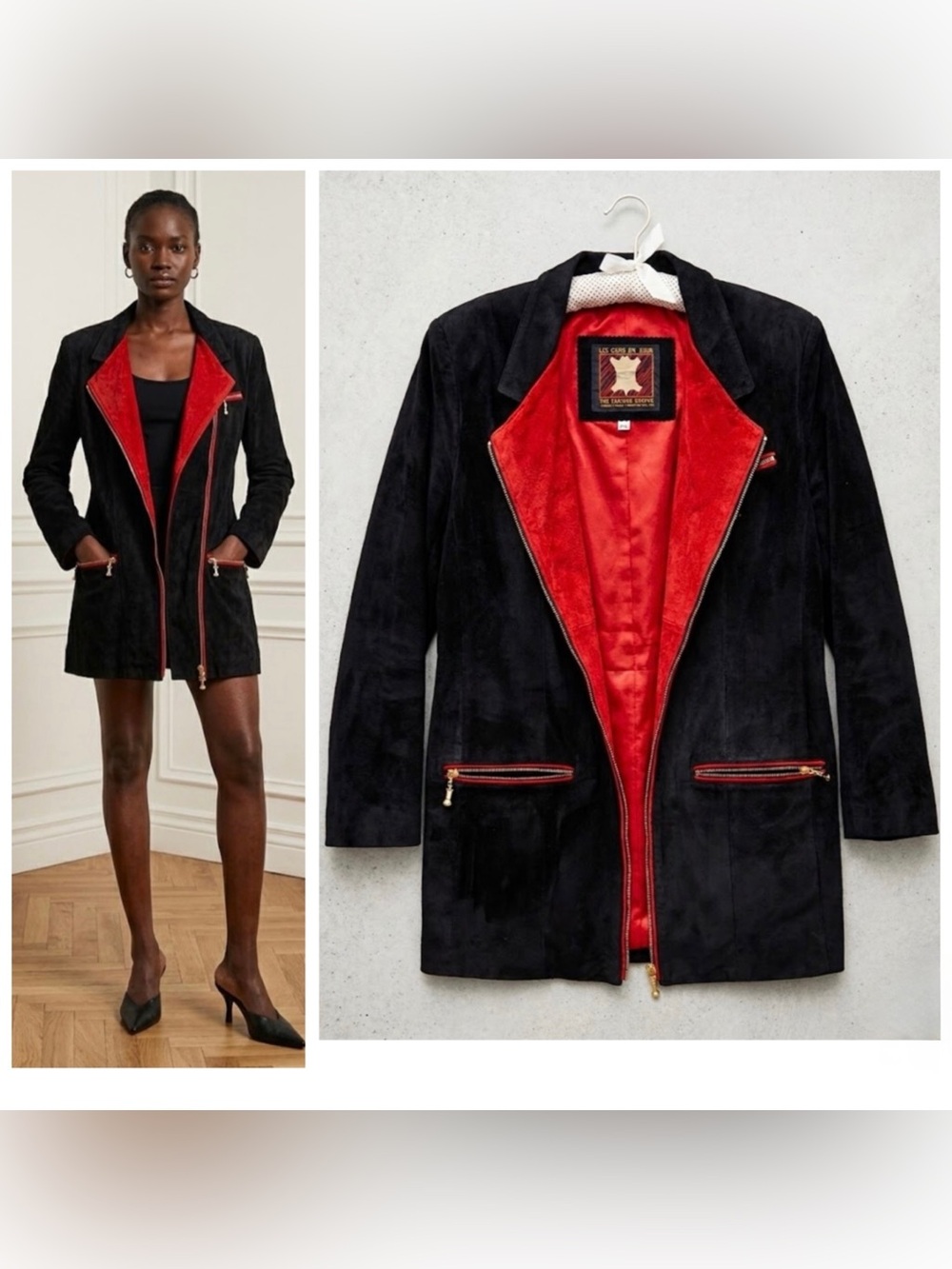 Vintage 80s Colorblock Suede Jacket Black Red Zip Pockets Canada Moto Goth Edgy